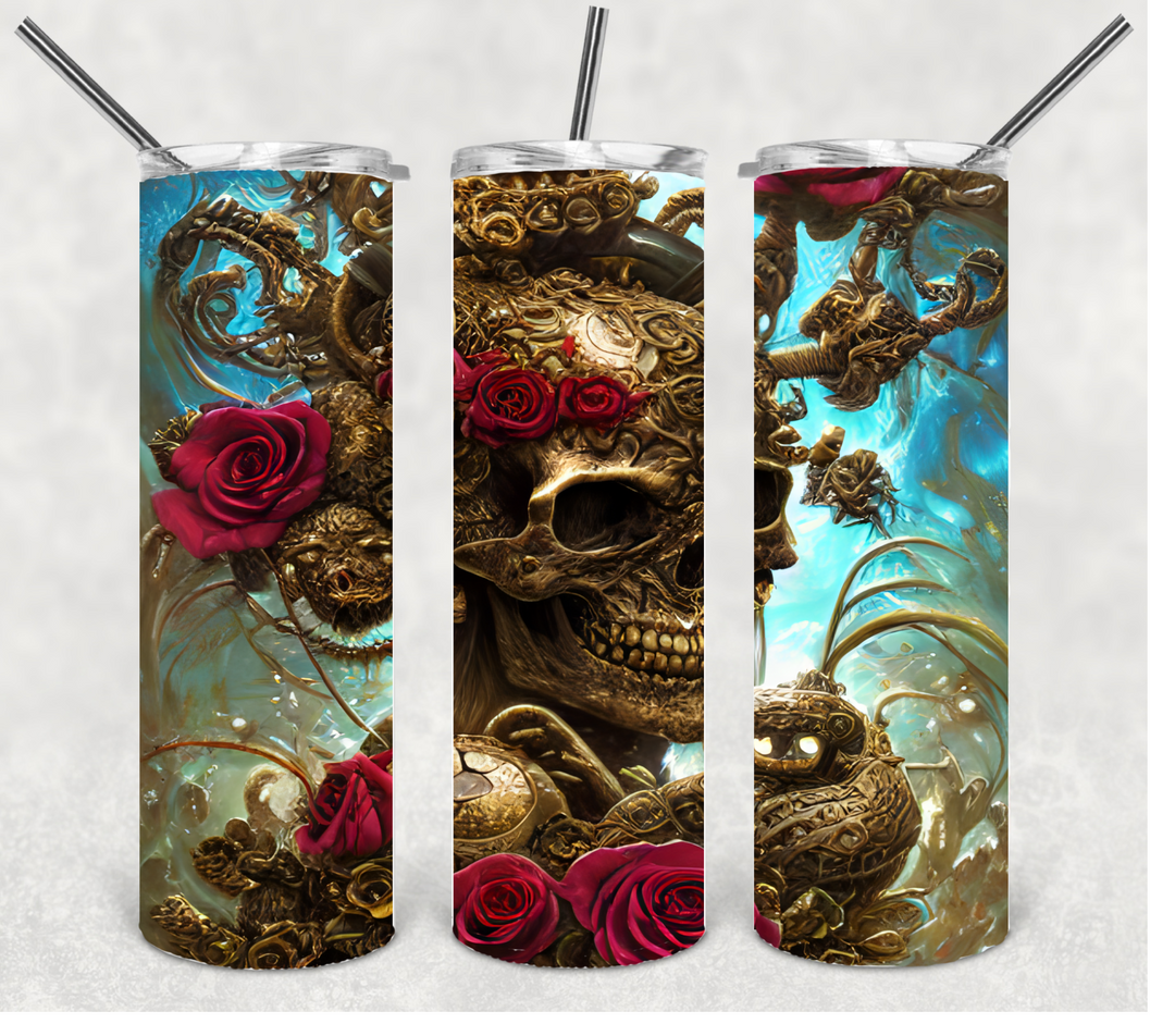 Skull and Roses Halloween Horror Themed Tumbler, 20 oz