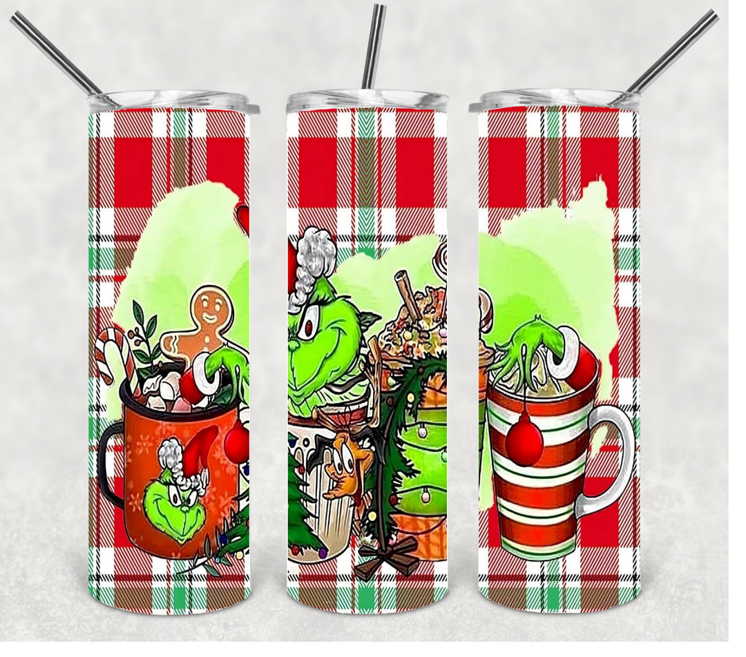 Christmas Plaid Cup Design Green Guy Tumbler, 20 oz Skinny Tumbler