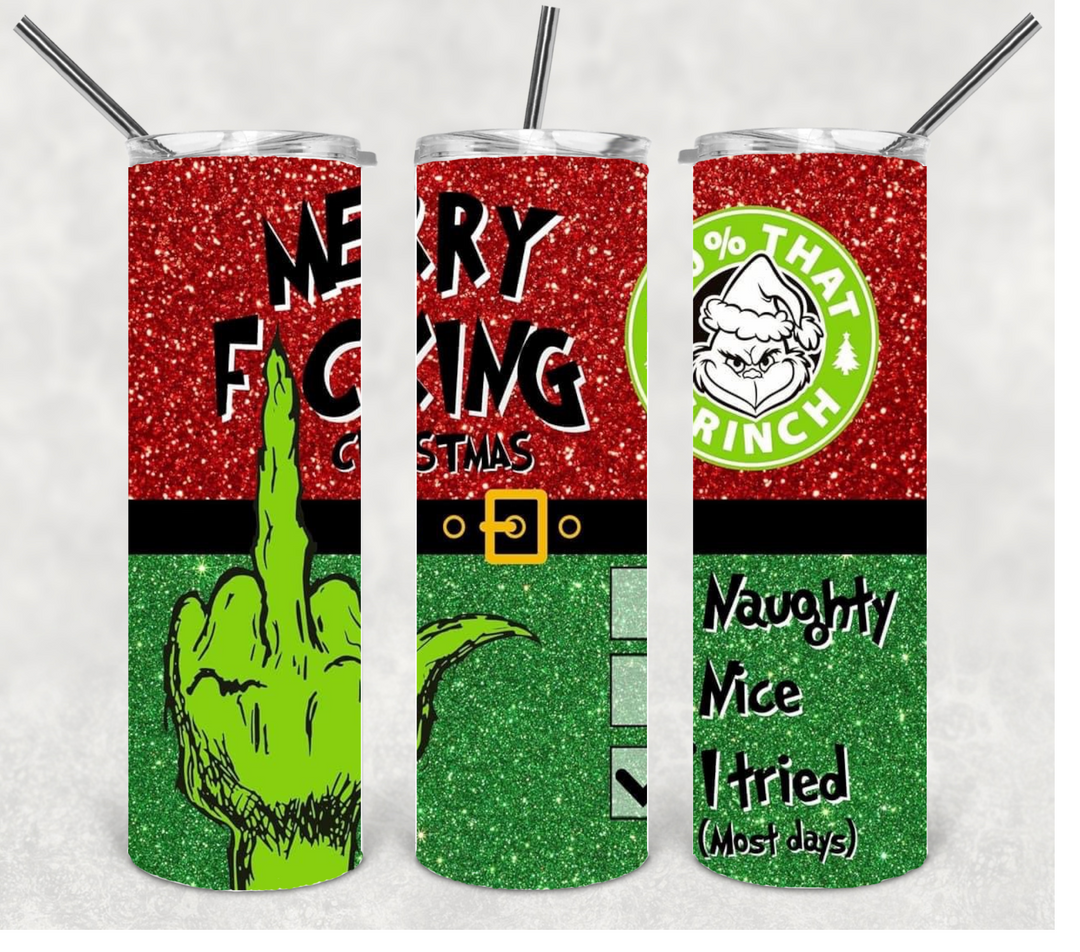 Merry Effing Christmas Glitter Grinch Tumbler, 20 oz Skinny Tumbler