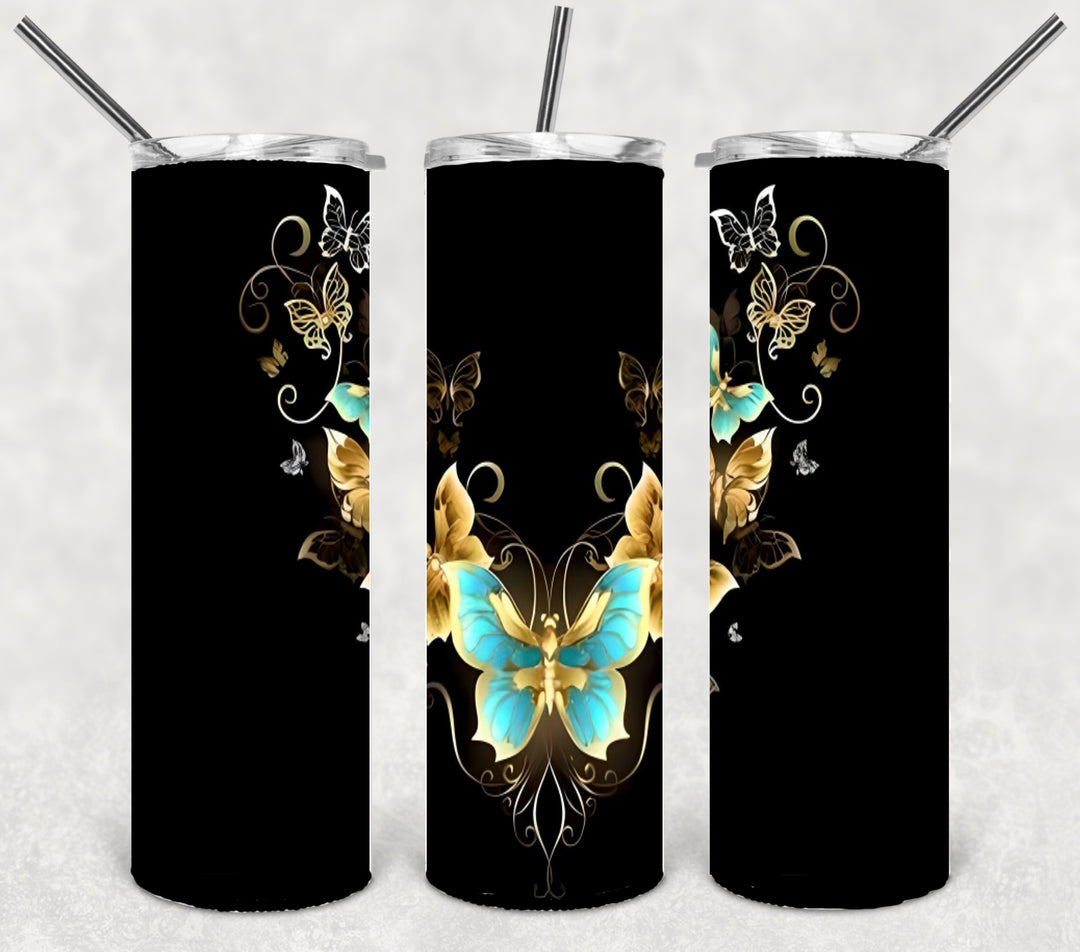 Teal and Gold Butterfly Tumbler, Gold Butterflies, Vibrant Butterflies