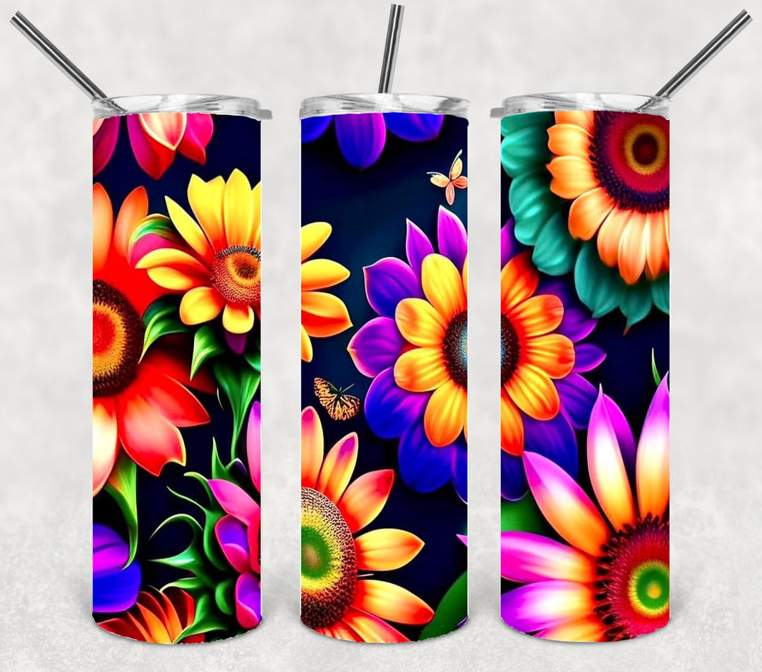 Vibrant Flowers, Bright Sunflowers, 3D Flower Tumbler, 20 oz Skinny Tumbler