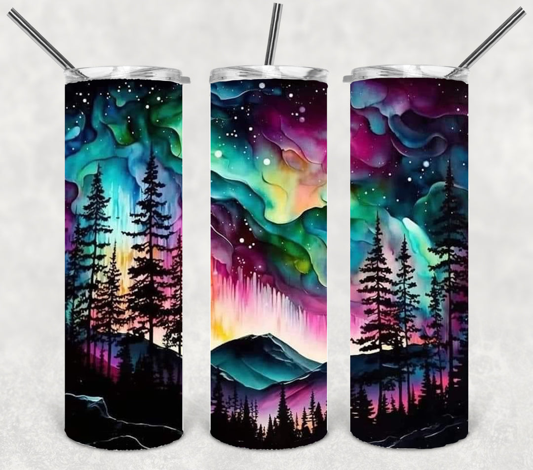 Northen Lights Tumbler, Watercolor Northern Lights, 20 oz Skinny Tumbler