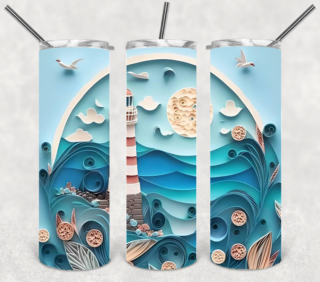 3D Beach Tumbler, Lighthouse Tumbler, 20 oz Skinny Tumbler