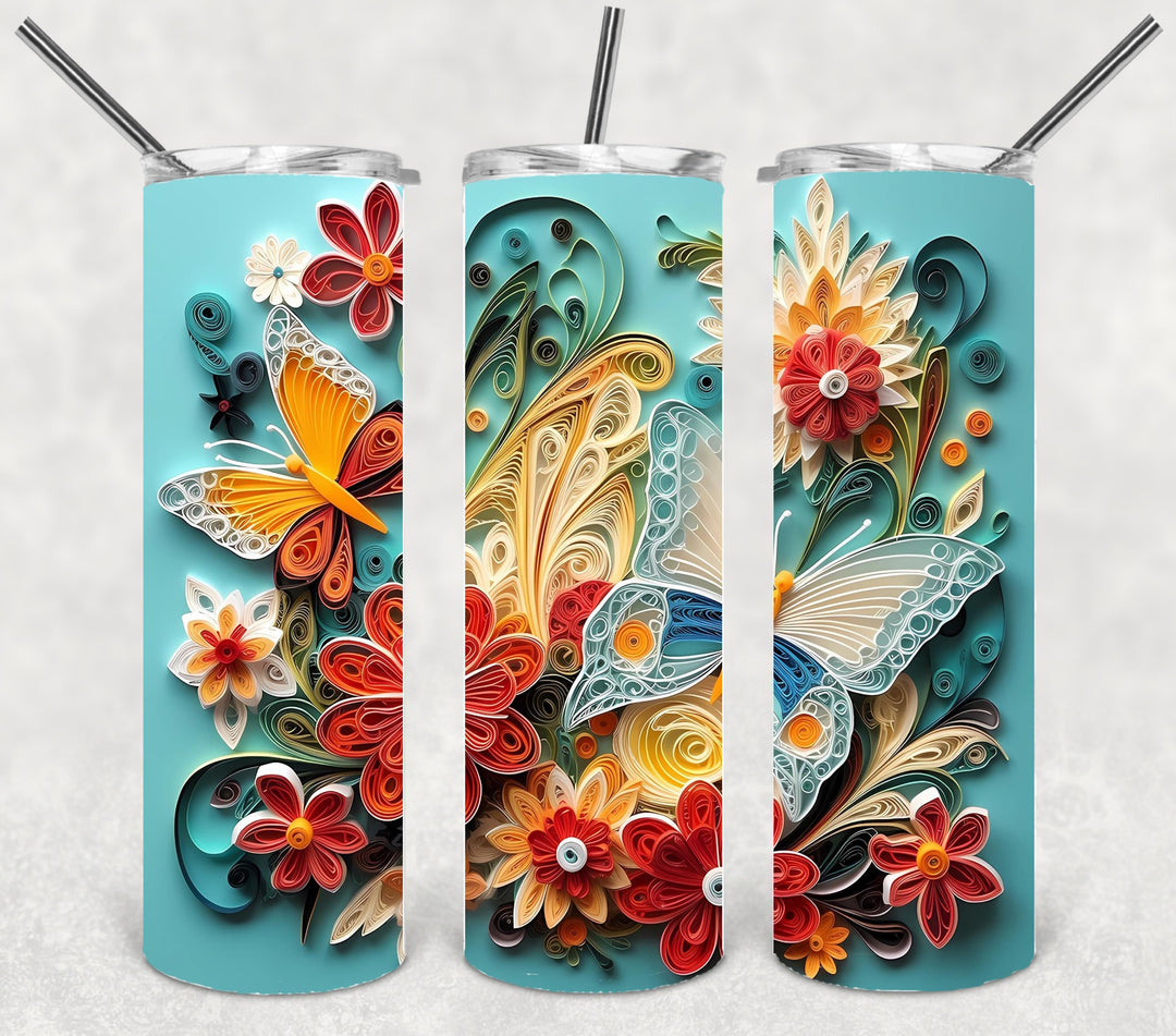 3D Butterfly Flower Tumbler, Vibrant Flower Tumbler, 3D Tumbler, 20 oz Skinny Tumbler