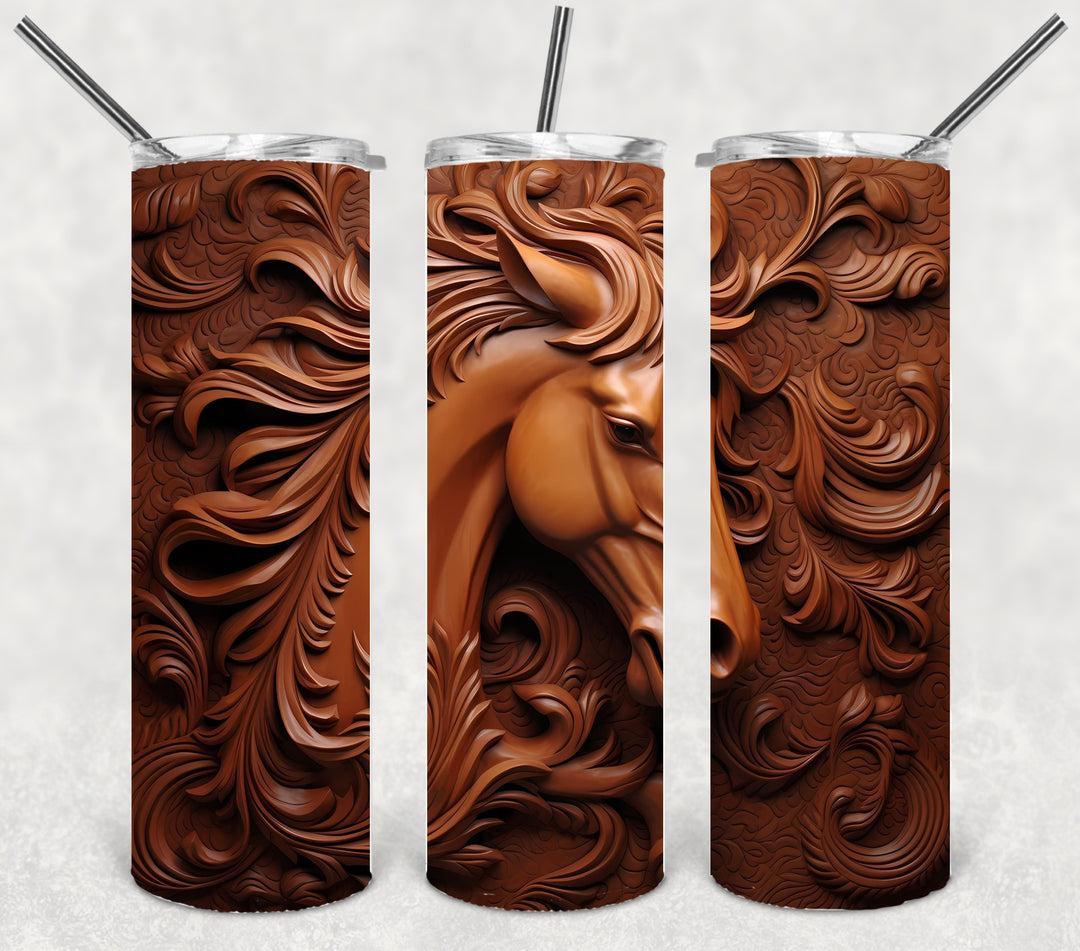 3D Wood Carved Horse Tumbler, 3D Horse Tumbler, 20 oz Skinny Tumbler