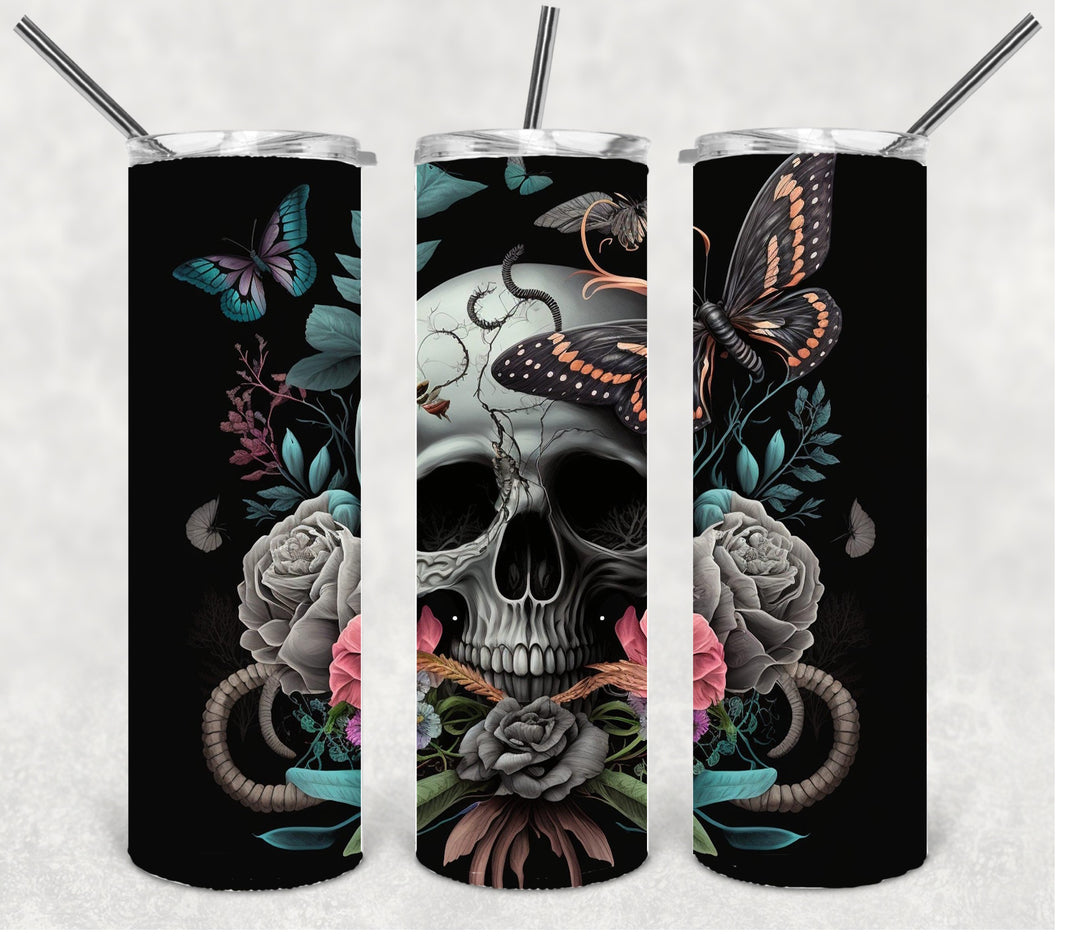 Skull Tumbler with Butterfly and Flowers, Dark Skull Tumbler