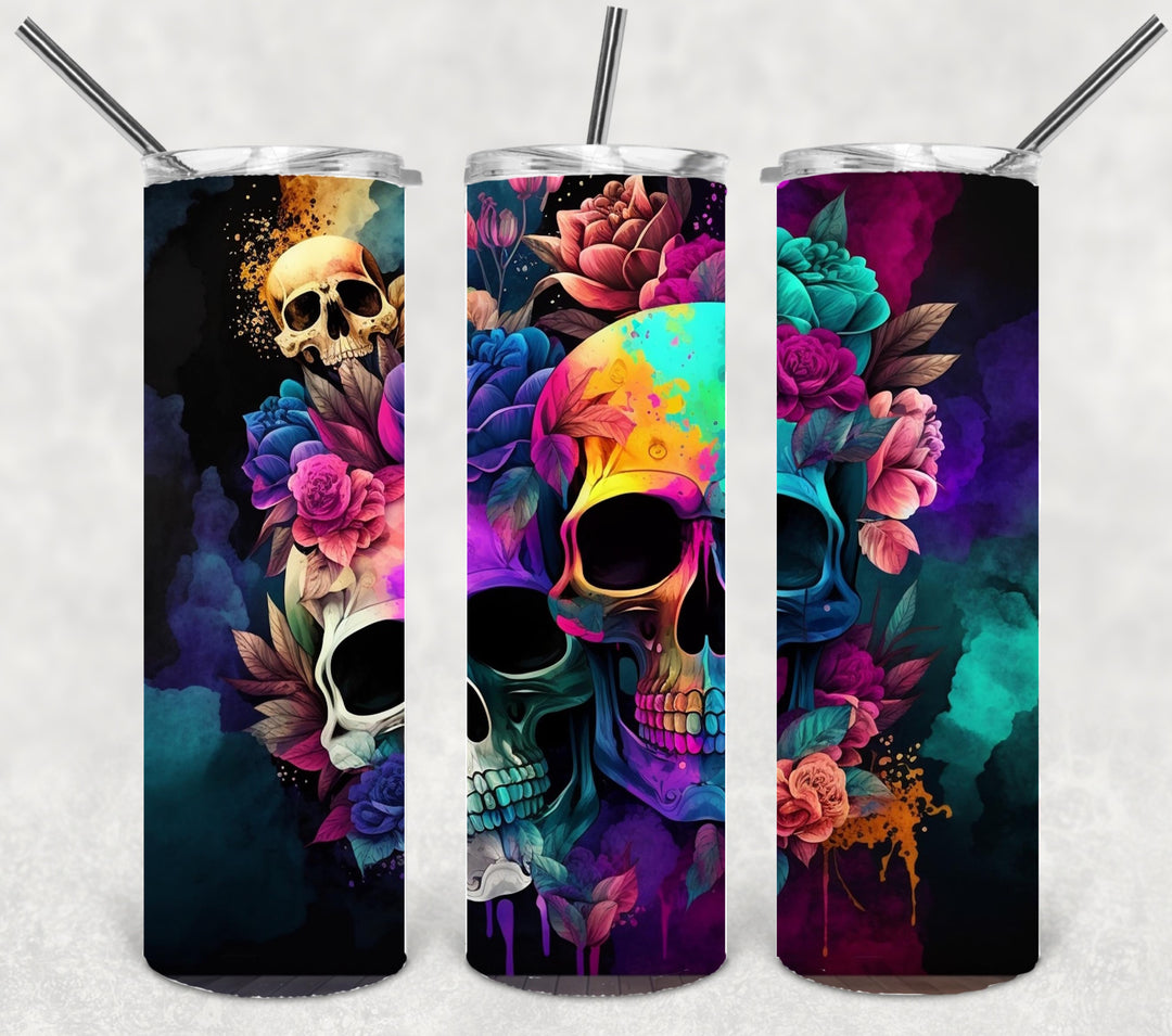 Vibrant Skull Tumbler, Skulls and Flower Tumbler, Vibrant Halloween Tumbler