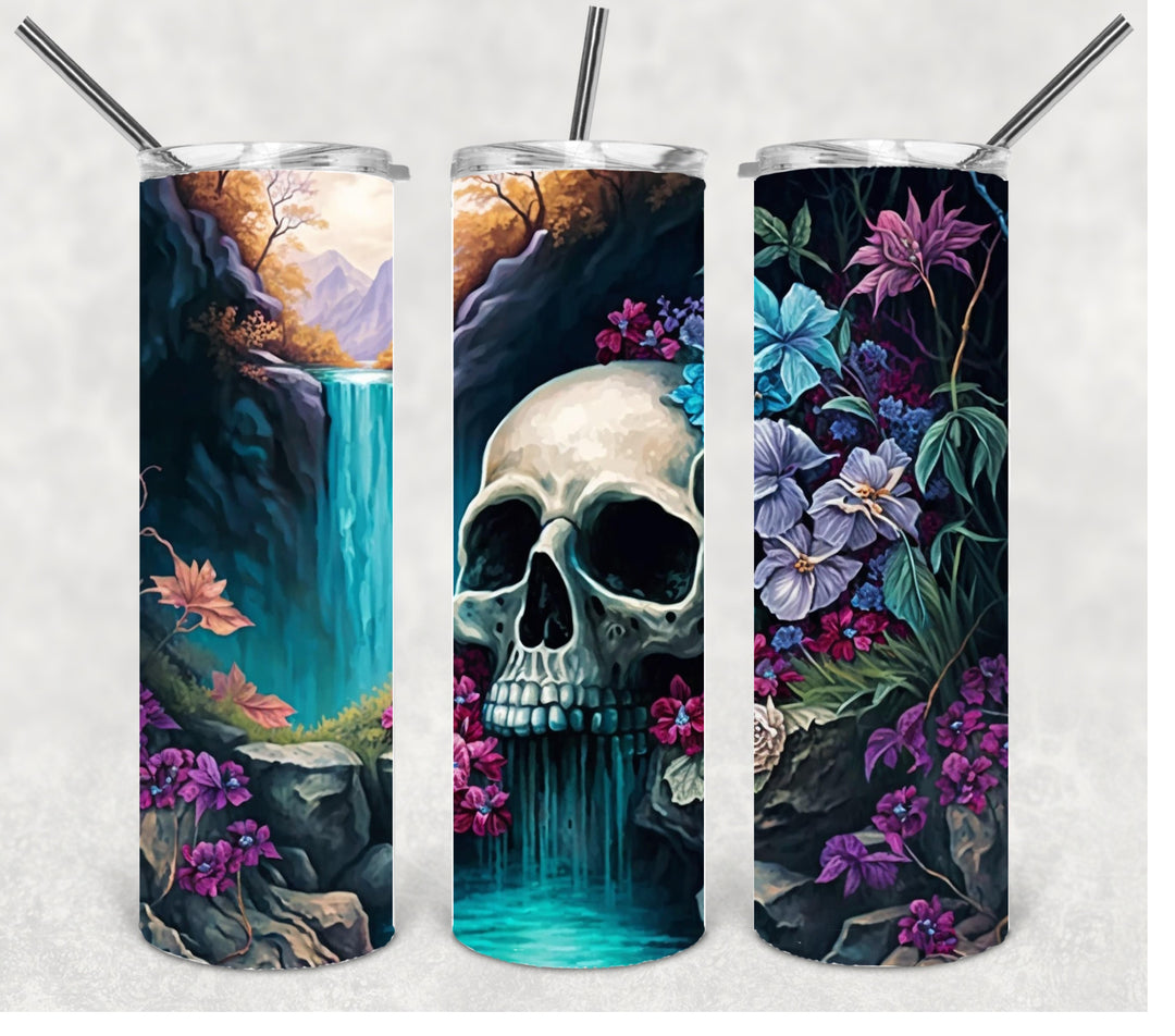 Vibrant Skull Tumbler with Waterfall, Skulls and Flower Tumbler, Vibrant Halloween Tumbler