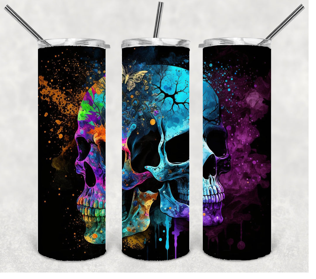 Vibrant Skulls Tumbler, Skulls and Butterfly Tumbler, Vibrant Halloween Tumbler