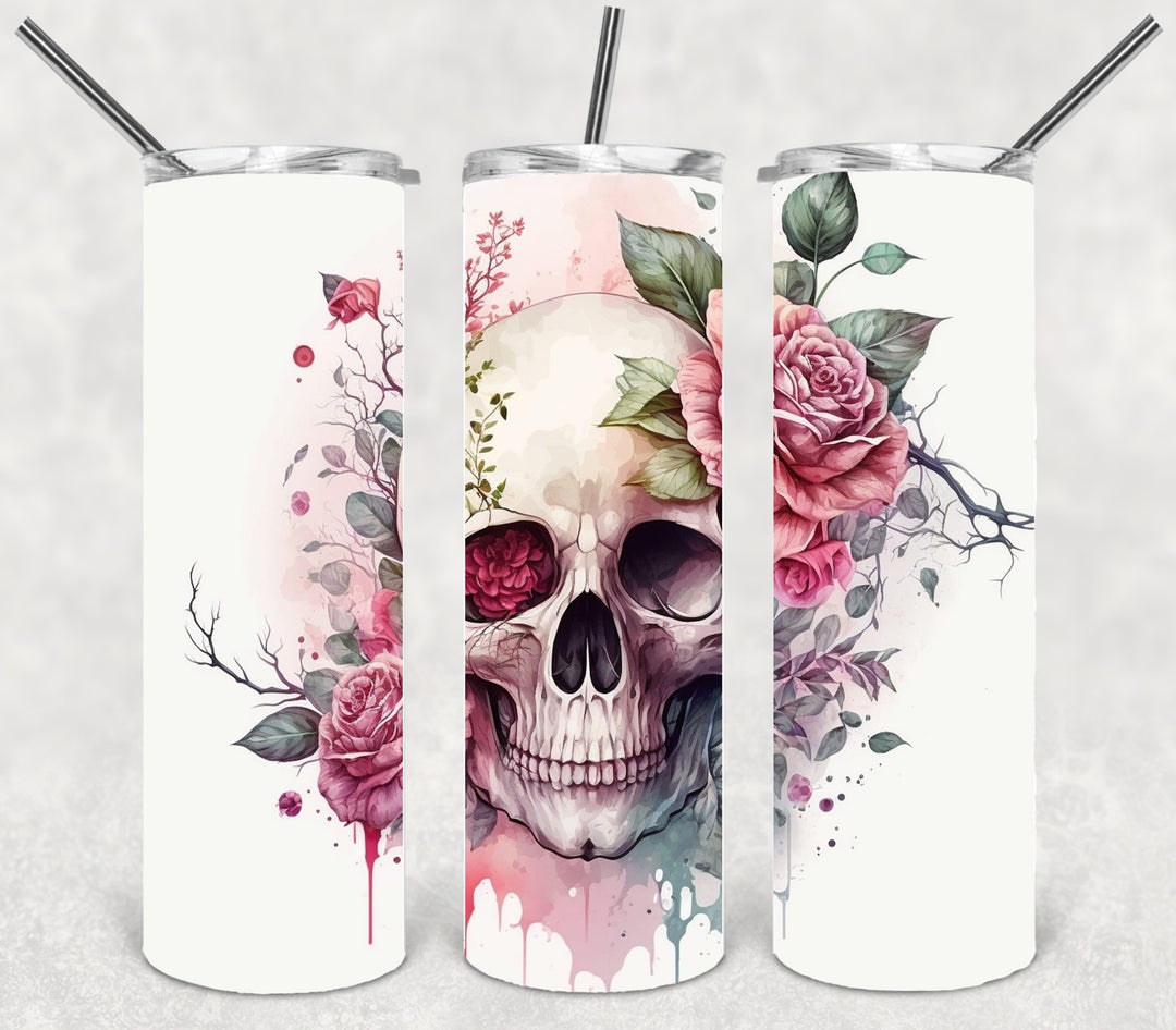 Vibrant Skull Tumbler Roses, Skulls and Flower Tumbler, Vibrant Halloween Tumbler