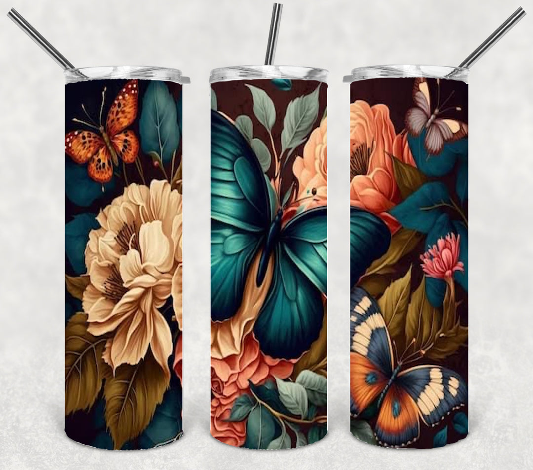 3D Butterfly Flower Tumbler, Vibrant Flower Tumbler, 3D Tumbler, 20 oz Skinny Tumbler