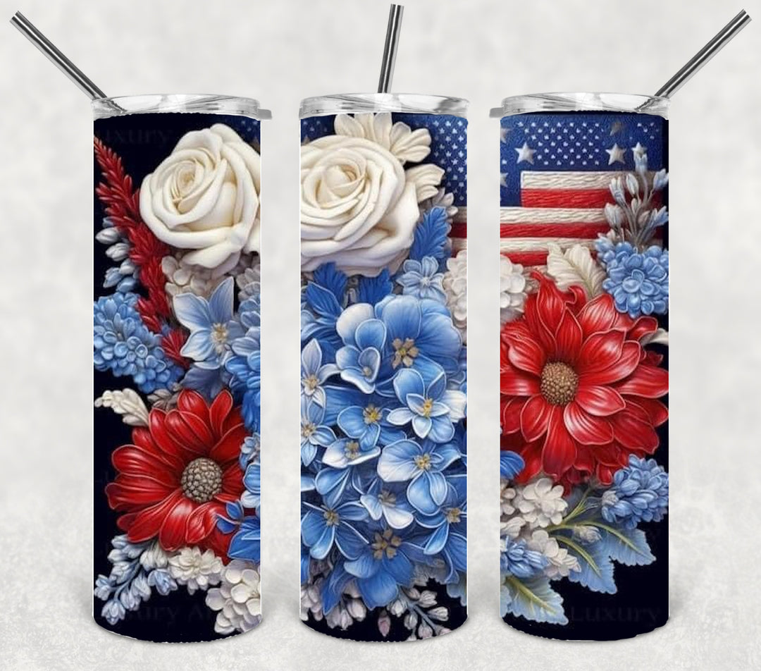 Patriotic 3D Flower Tumbler, Flower Tumbler, 3D Tumbler, 20 oz Skinny Tumbler