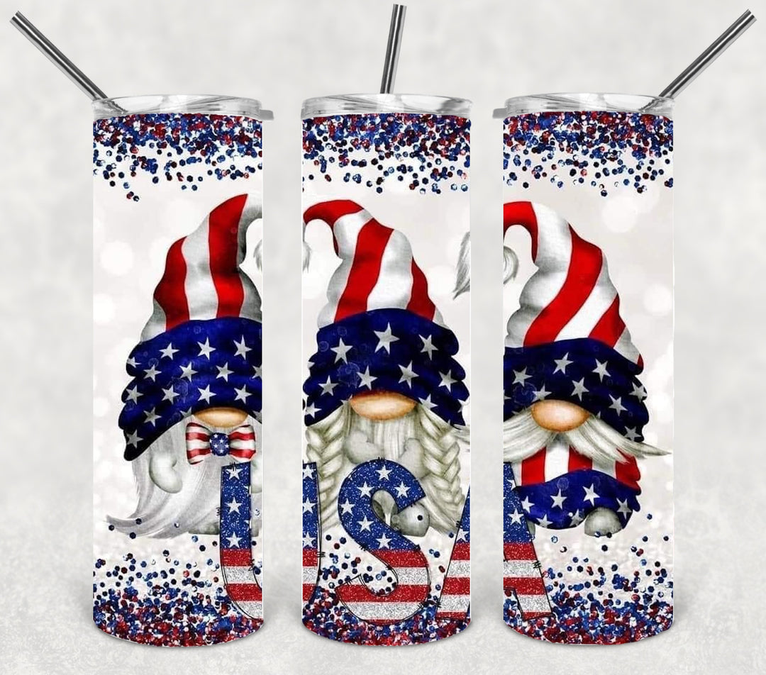 Patriotic Gnome Tumbler, USA Flag Tumbler, 20 oz Skinny Tumbler