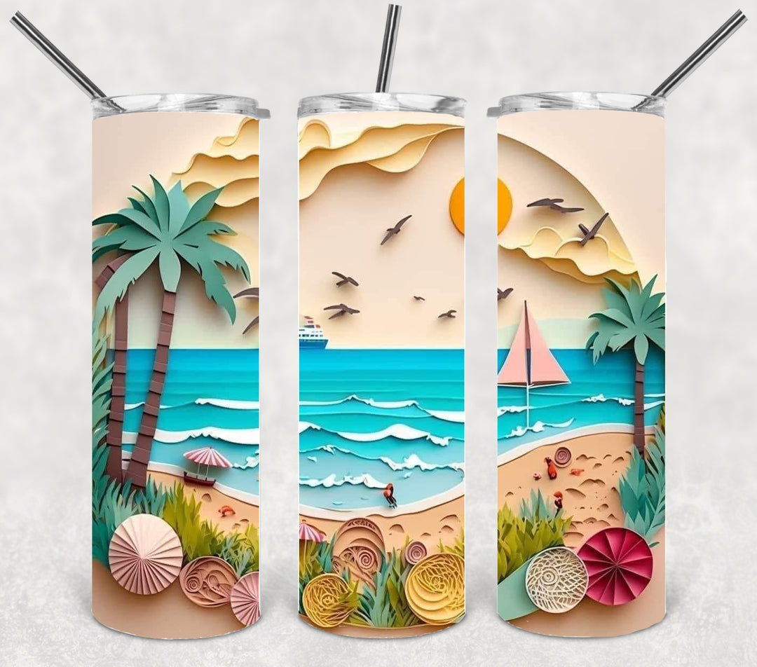 3D Beach Tumbler, 3D Beach Sunset, 3D Paper Beach Scene, 20 oz Skinny Tumbler