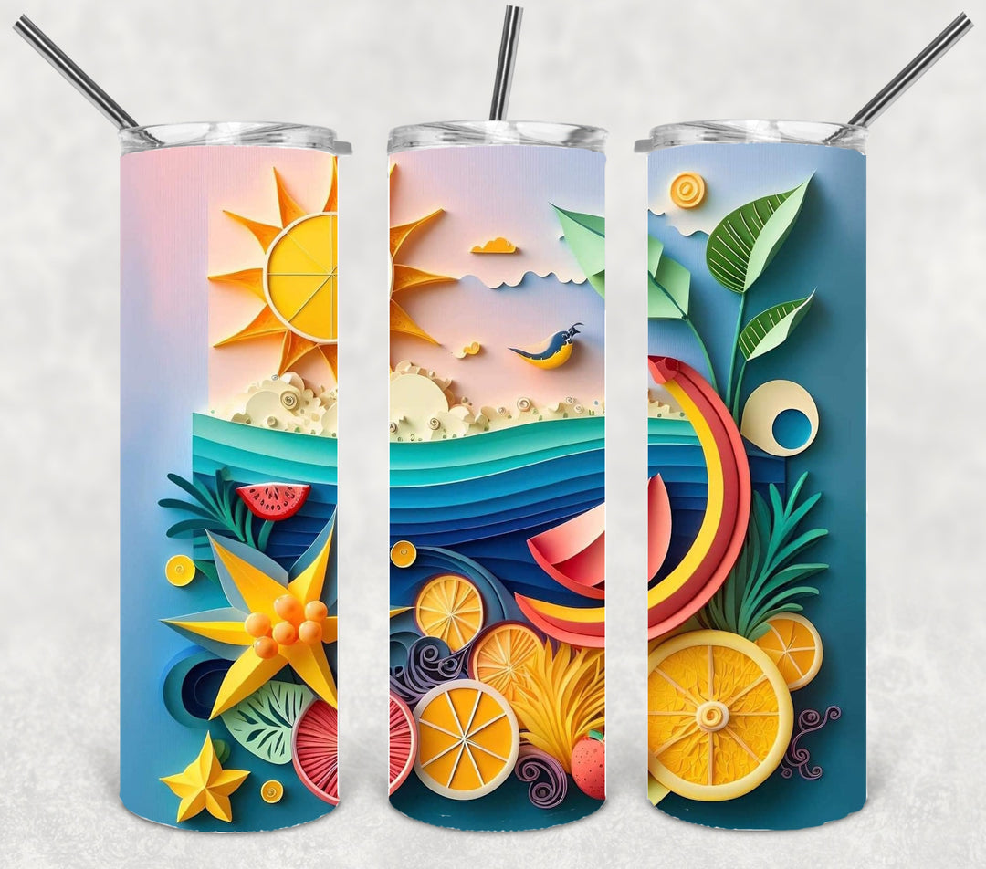 3D Tropical Beach Tumbler, 3D Beach Sunset, 3D Paper Beach Scene, 20 oz Skinny Tumbler