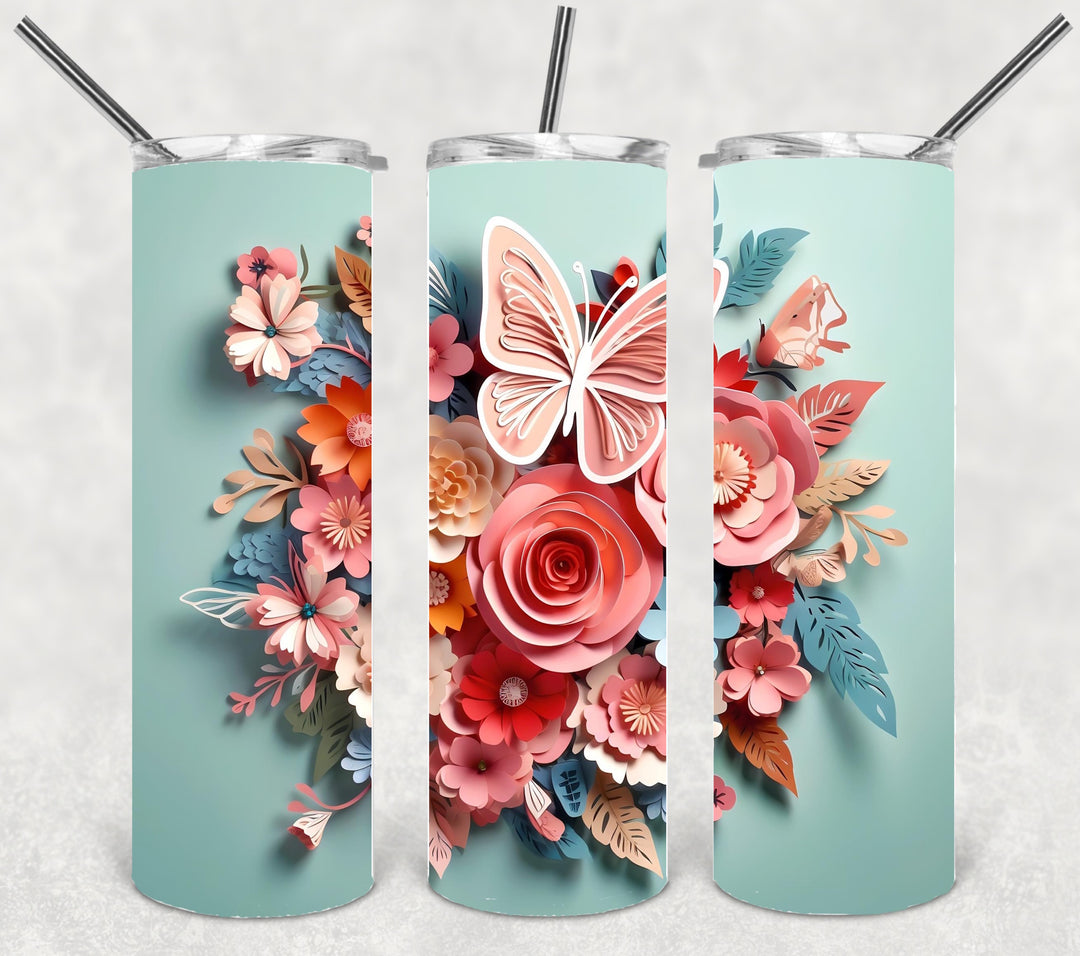 3D Butterfly Flower Tumbler, Vibrant Flower Tumbler, 3D Tumbler, 20 oz Skinny Tumbler
