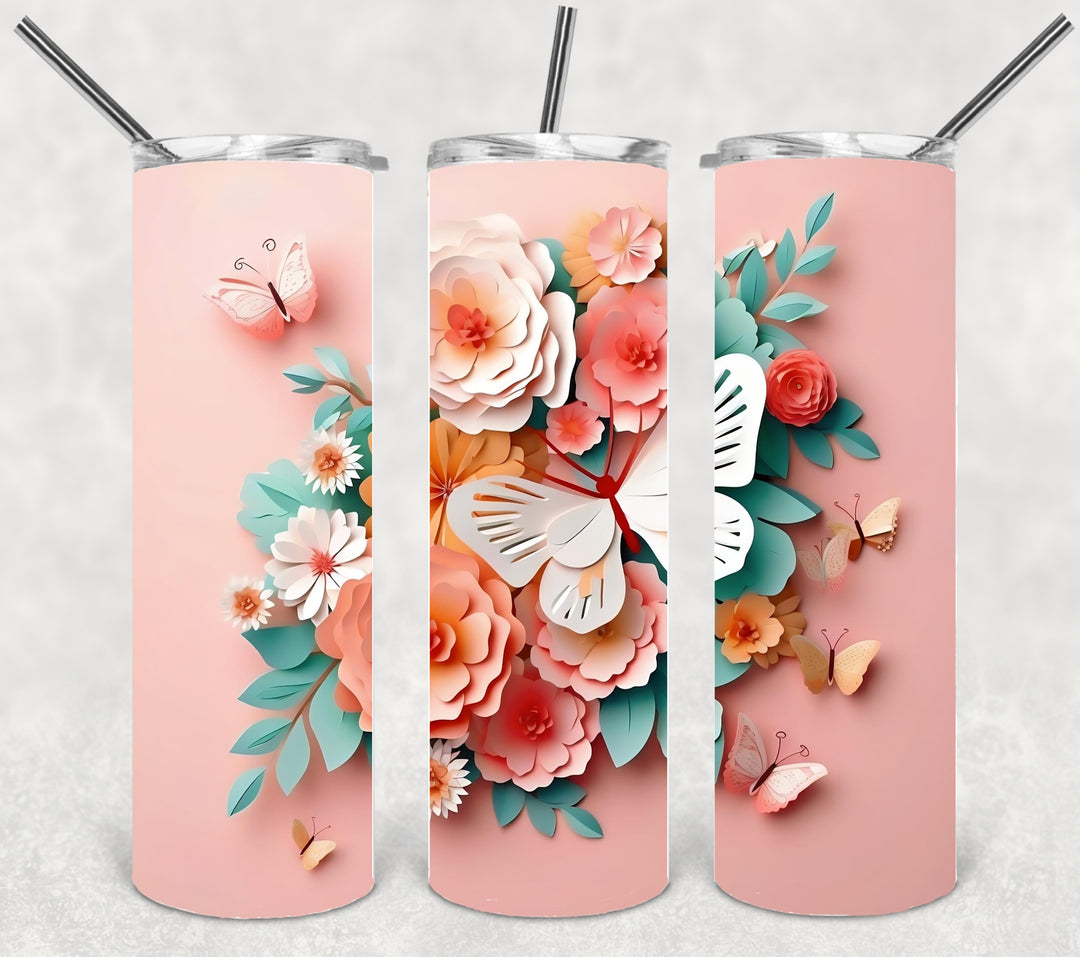 3D Butterfly Flower Tumbler, Vibrant Flower Tumbler, 3D Tumbler, 20 oz Skinny Tumbler
