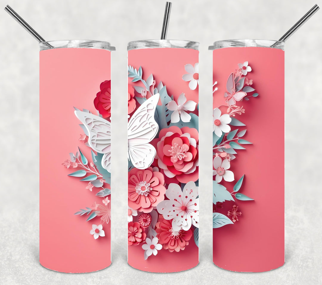3D Butterfly Flower Tumbler, Vibrant Flower Tumbler, 3D Tumbler, 20 oz Skinny Tumbler