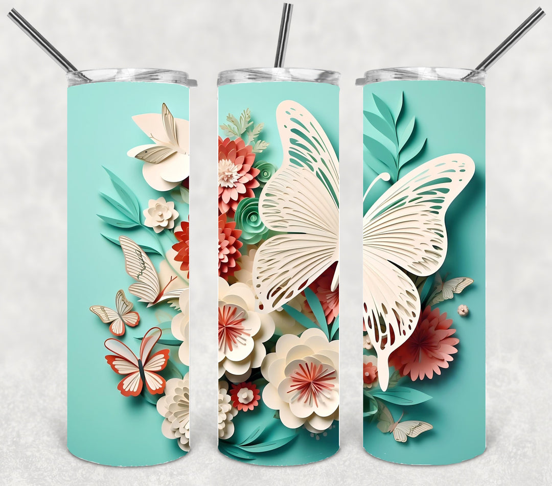 3D Vibrant Flower and Butterfly Tumbler, 3D Flowers and Butterflies Tumbler, 3D Tumbler, 20 oz Skinny Tumbler