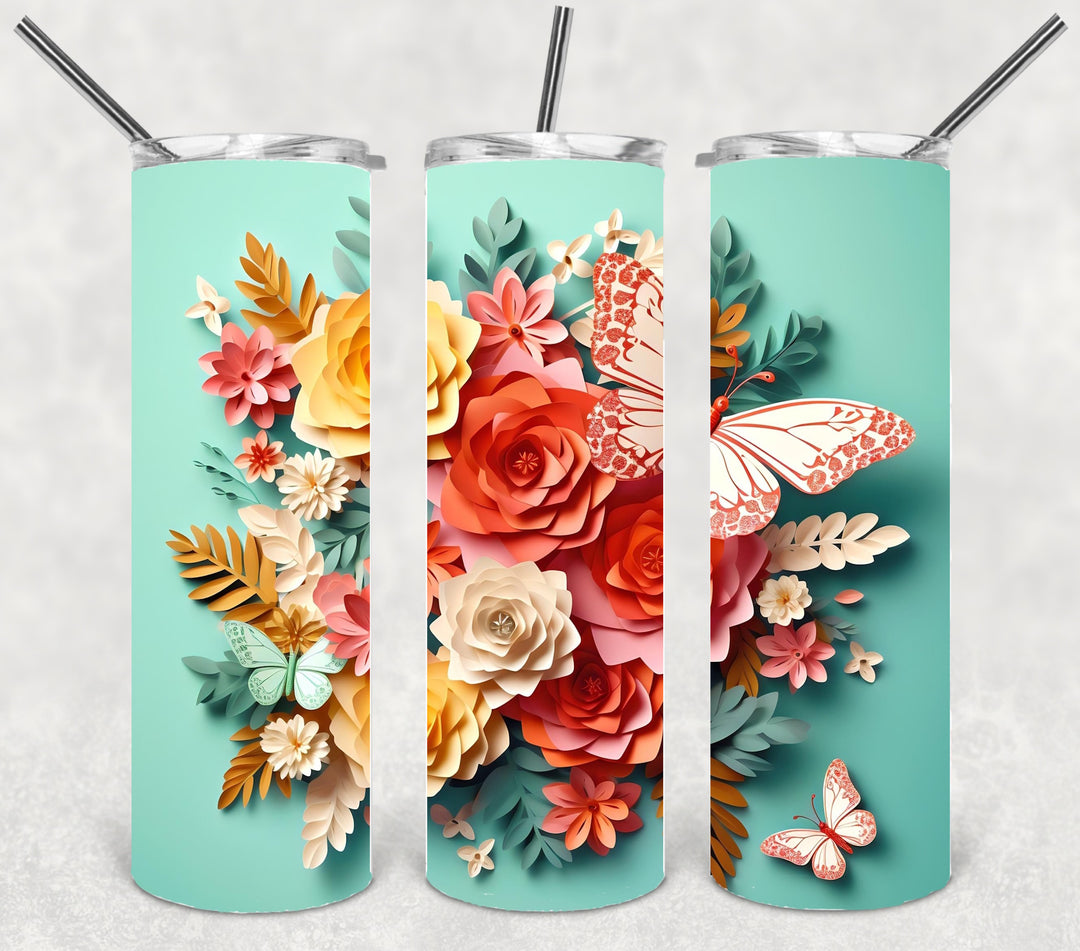 3D Butterfly Flower Tumbler, Vibrant Flower Tumbler, 3D Tumbler, 20 oz Skinny Tumbler