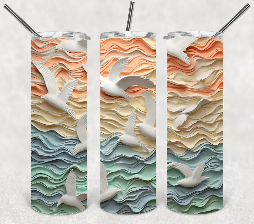 3D Seagulls Tumbler, 3D Beach Sunset, 3D Seagulls Scene, 20 oz Skinny Tumbler