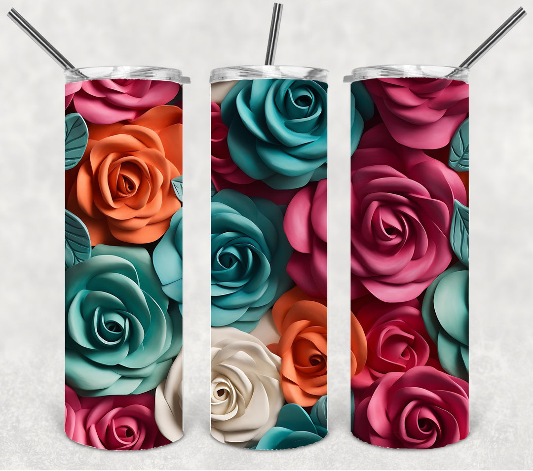 3D Roses Tumbler, Flower Tumbler, 3D Tumbler, 20 oz Skinny Tumbler