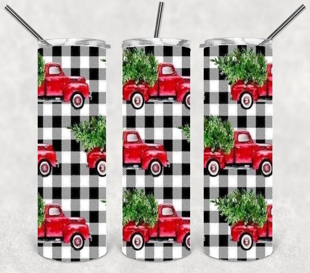 Buffalo Plaid Christmas Truck, Christmas Tumbler, 20 oz Skinny Tumblers