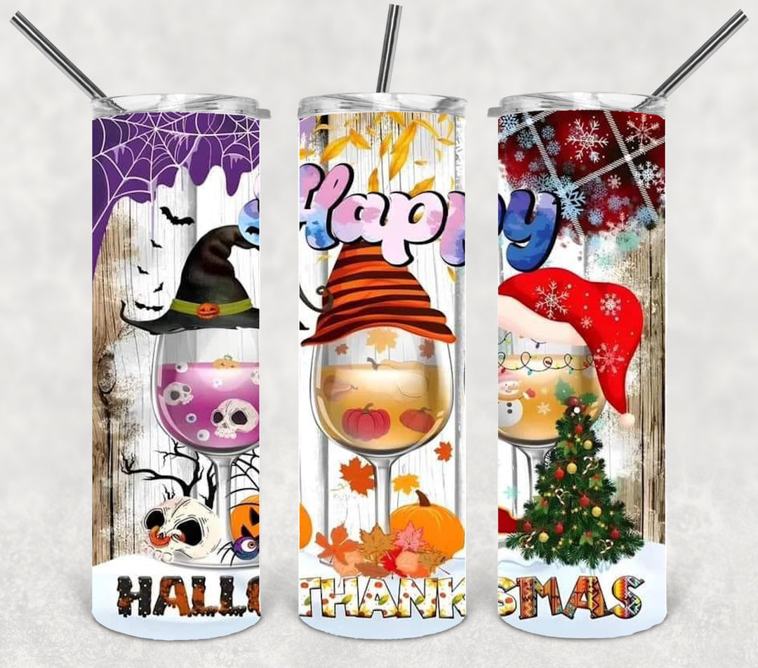 Happy Hallothanksmas Tumbler, Christmas Tumbler, 20 oz Skinny Tumbler
