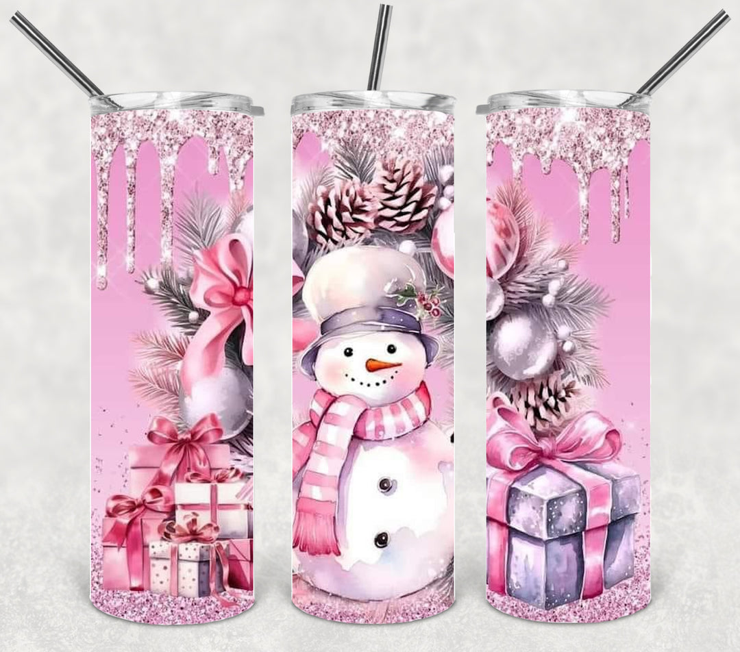 Pink Snowman Christmas Tumbler, Christmas Tumbler, 20 oz Skinny Tumbler