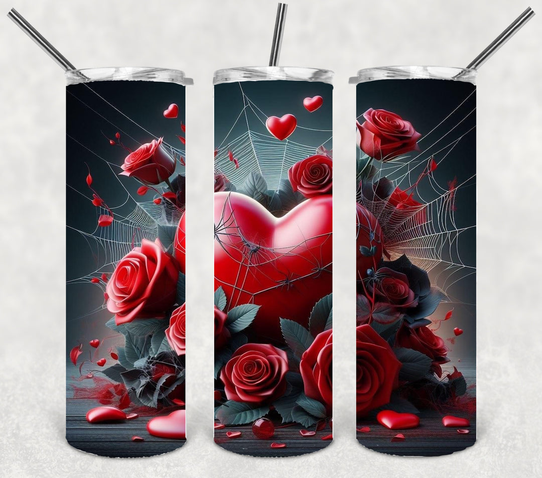 Valentine's Halloween Tumbler, 3D Rose Heart Spider Skull Tumbler, 20 oz Tumbler