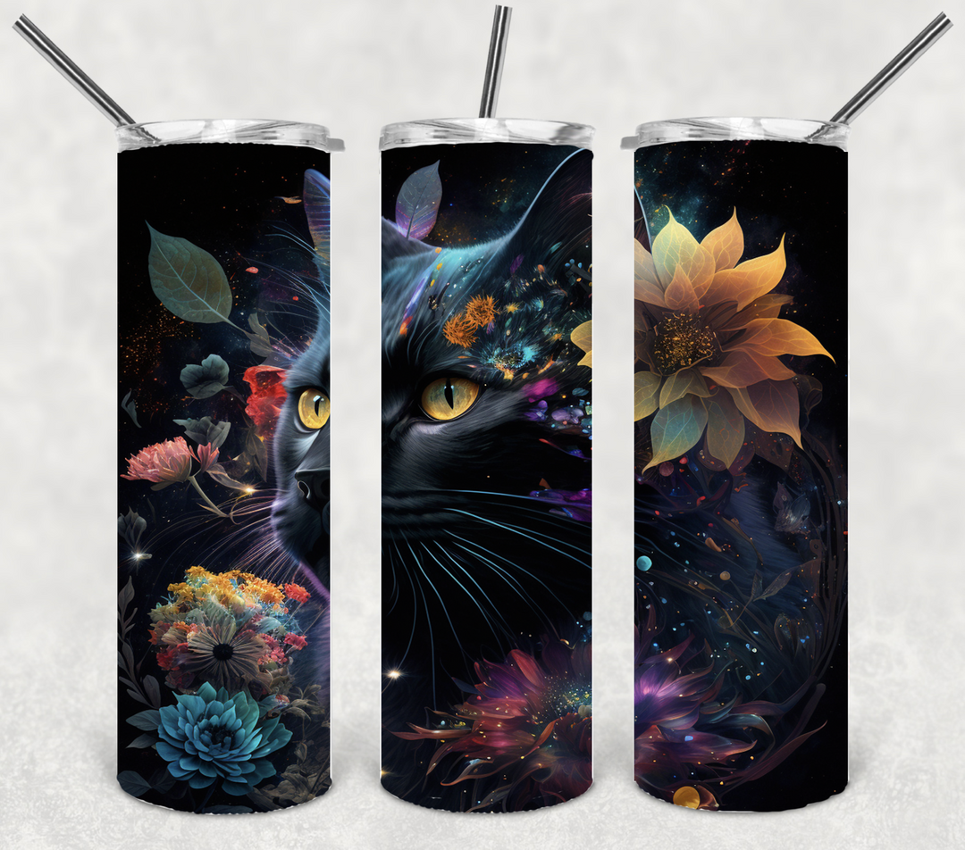 Black Cat Tumbler, Vibrant Cat Tumber with Flowers