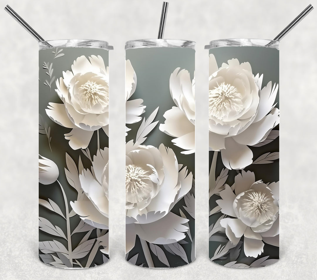 White and Grey Flower Tumbler, 3D Flower Tumbler, 3D Tumbler, 20 oz Skinny Tumbler