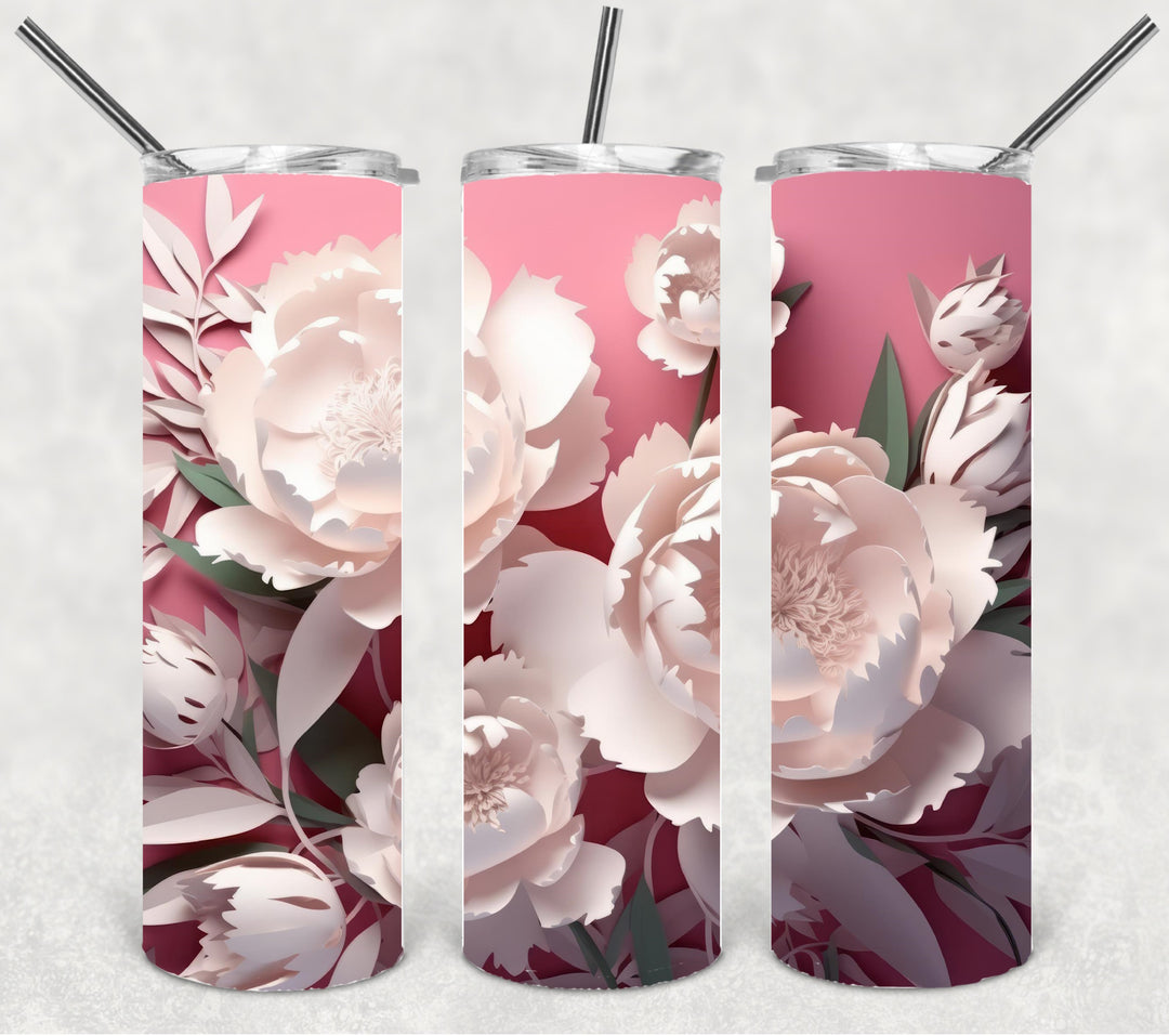 White and Pink Flower Tumbler, 3D Flower Tumbler, 3D Tumbler, 20 oz Skinny Tumbler