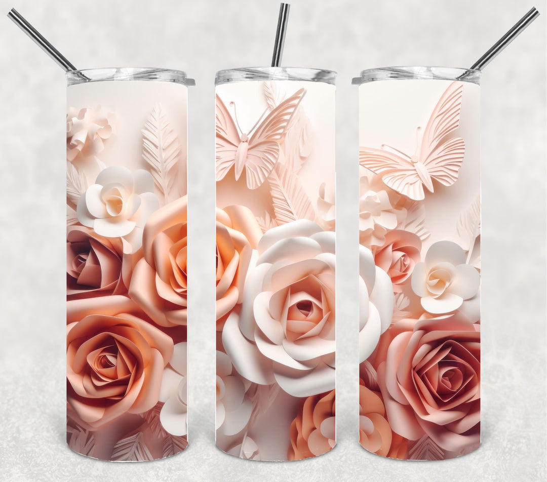 White and Peach Flower Tumbler, 3D Flower Tumbler, 3D Tumbler, 20 oz Skinny Tumbler