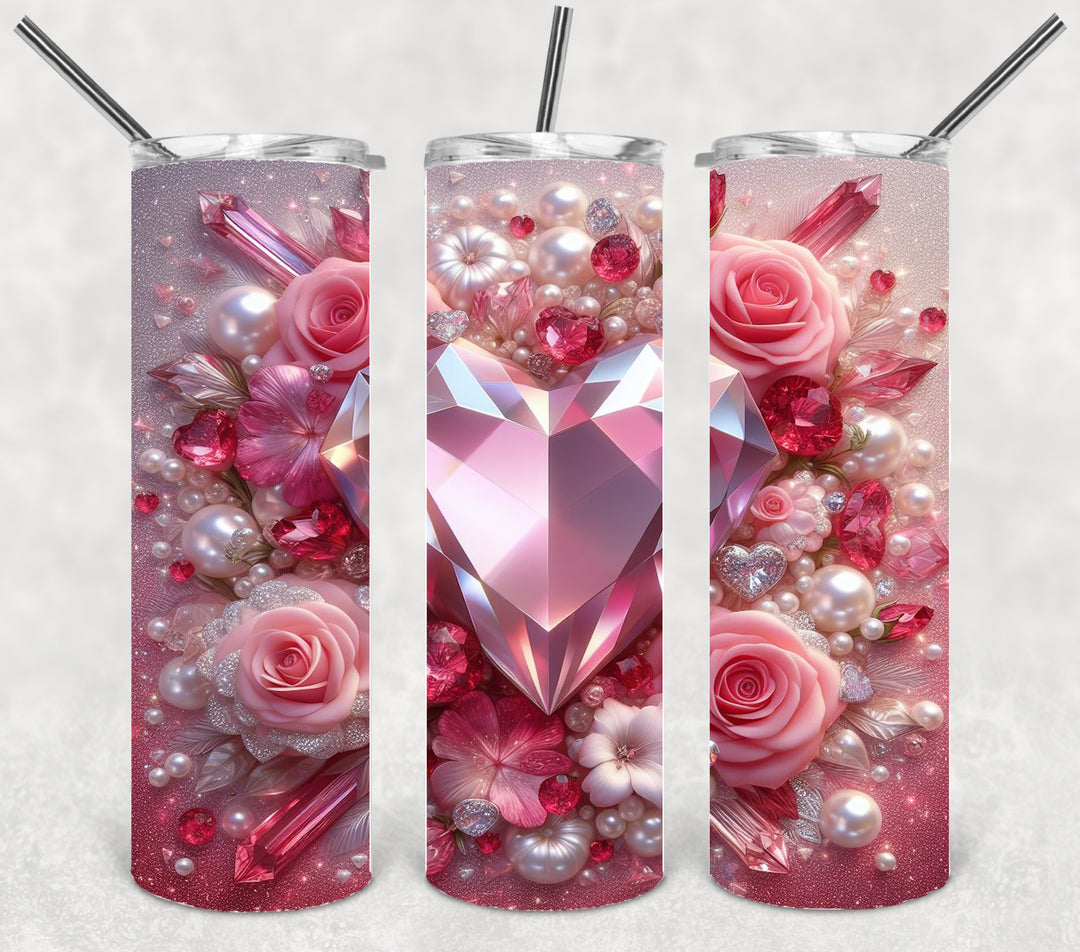 Valentine's Tumbler, 3D Bling Heart Rose Tumbler, Love Tumbler, 20 oz Tumbler