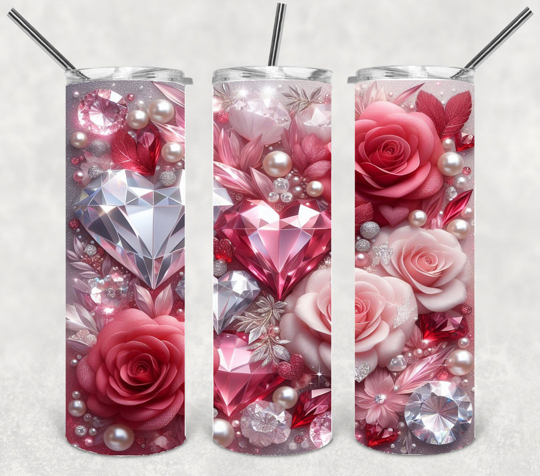 Valentine's Tumbler, 3D Bling Heart Rose Tumbler, Love Tumbler, 20 oz Tumbler