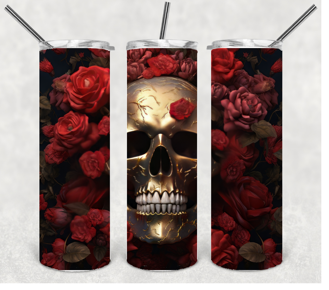 Gold Skull and Roses Halloween, Spooky Halloween Themed Tumbler, 20 oz