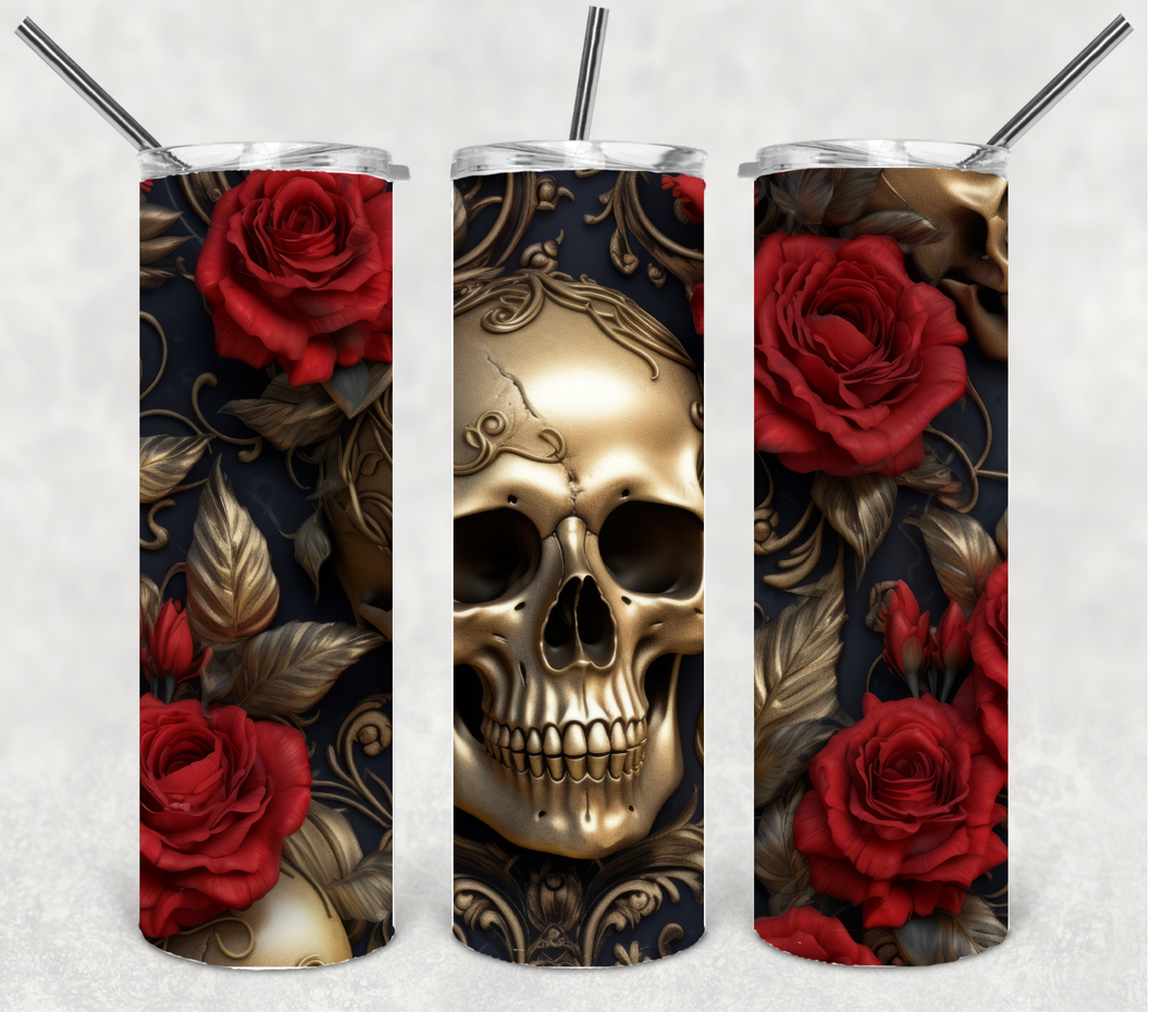 Gold Skull and Roses Halloween, Spooky Halloween Themed Tumbler, 20 oz