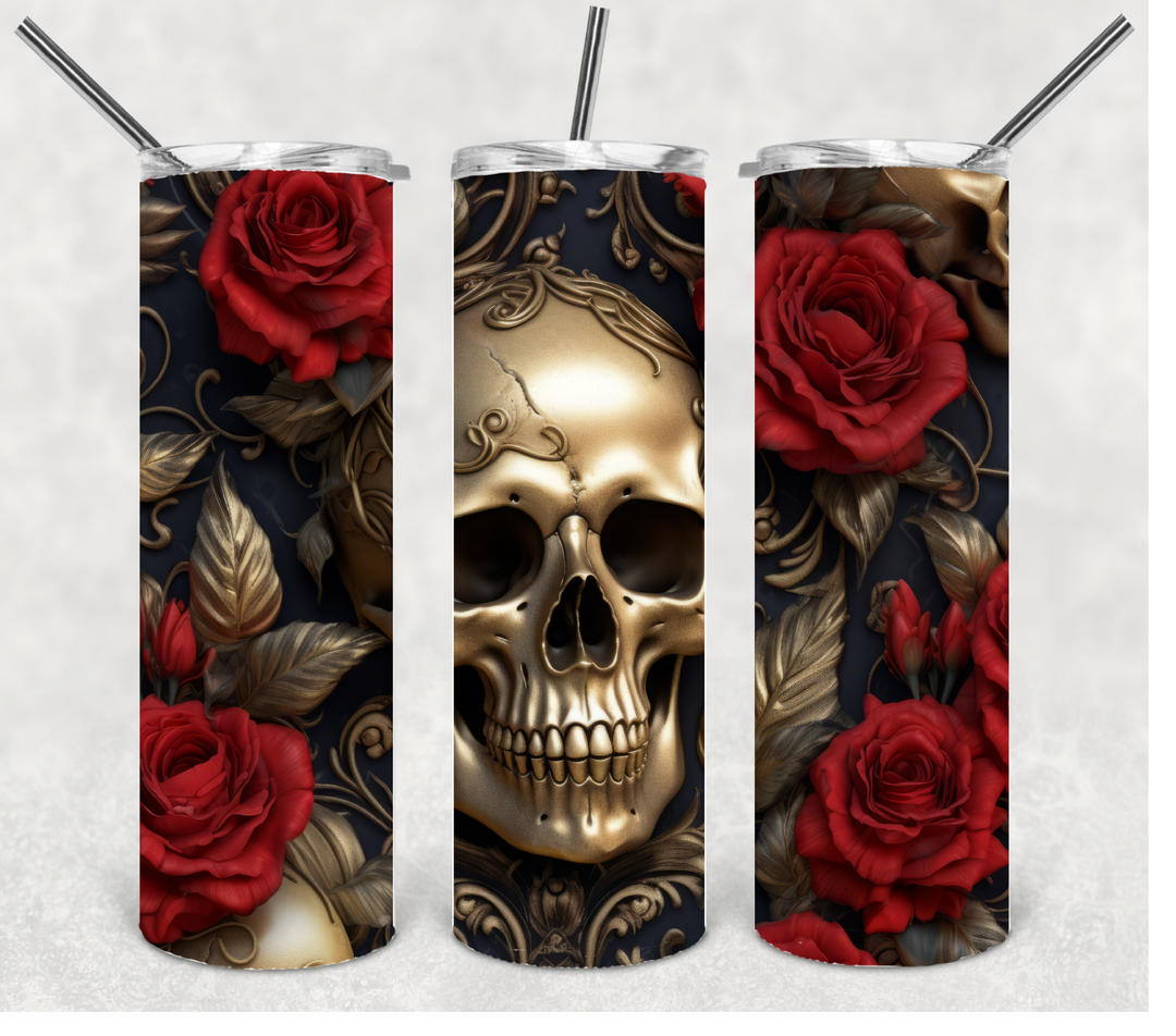 Gold Skull and Roses Halloween, Spooky Halloween Themed Tumbler, 20 oz