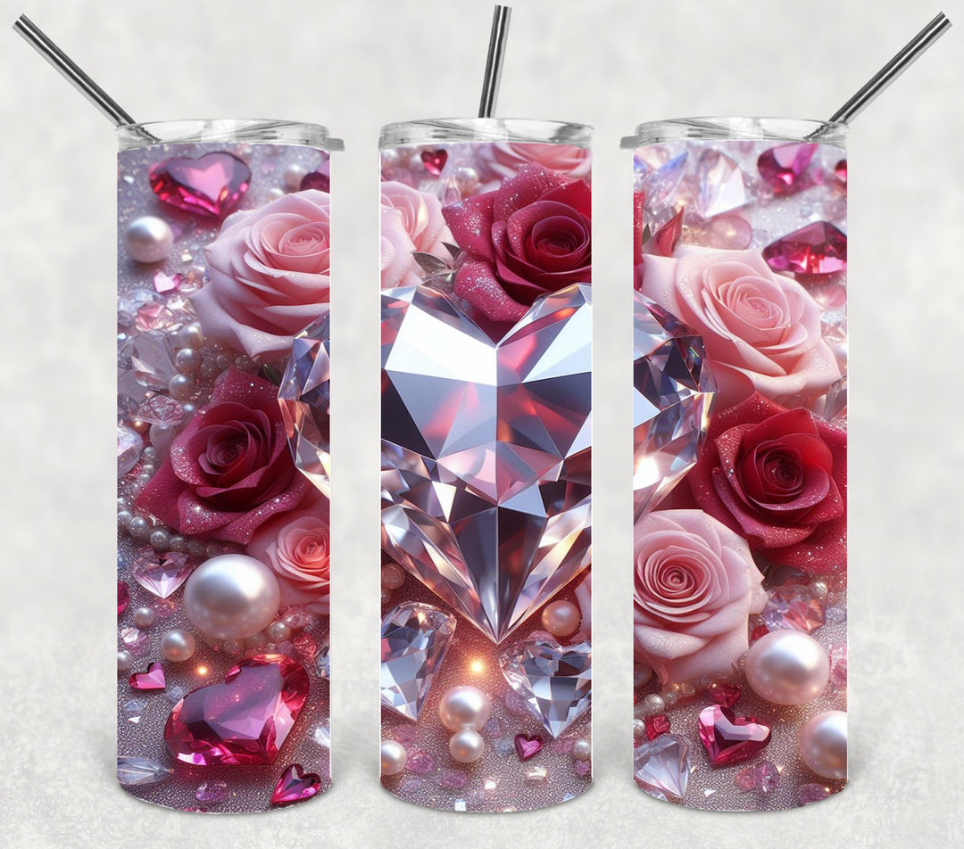 Valentine's Tumbler, 3D Bling Heart Rose Tumbler, Love Tumbler, 20 oz Tumbler