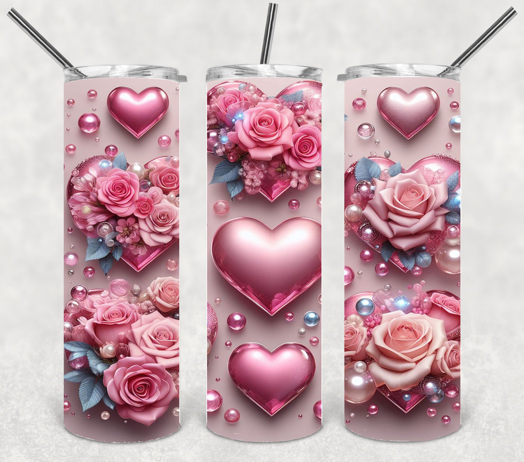 Valentine's Tumbler, 3D Bling Heart Rose Tumbler, Love Tumbler, 20 oz Tumbler