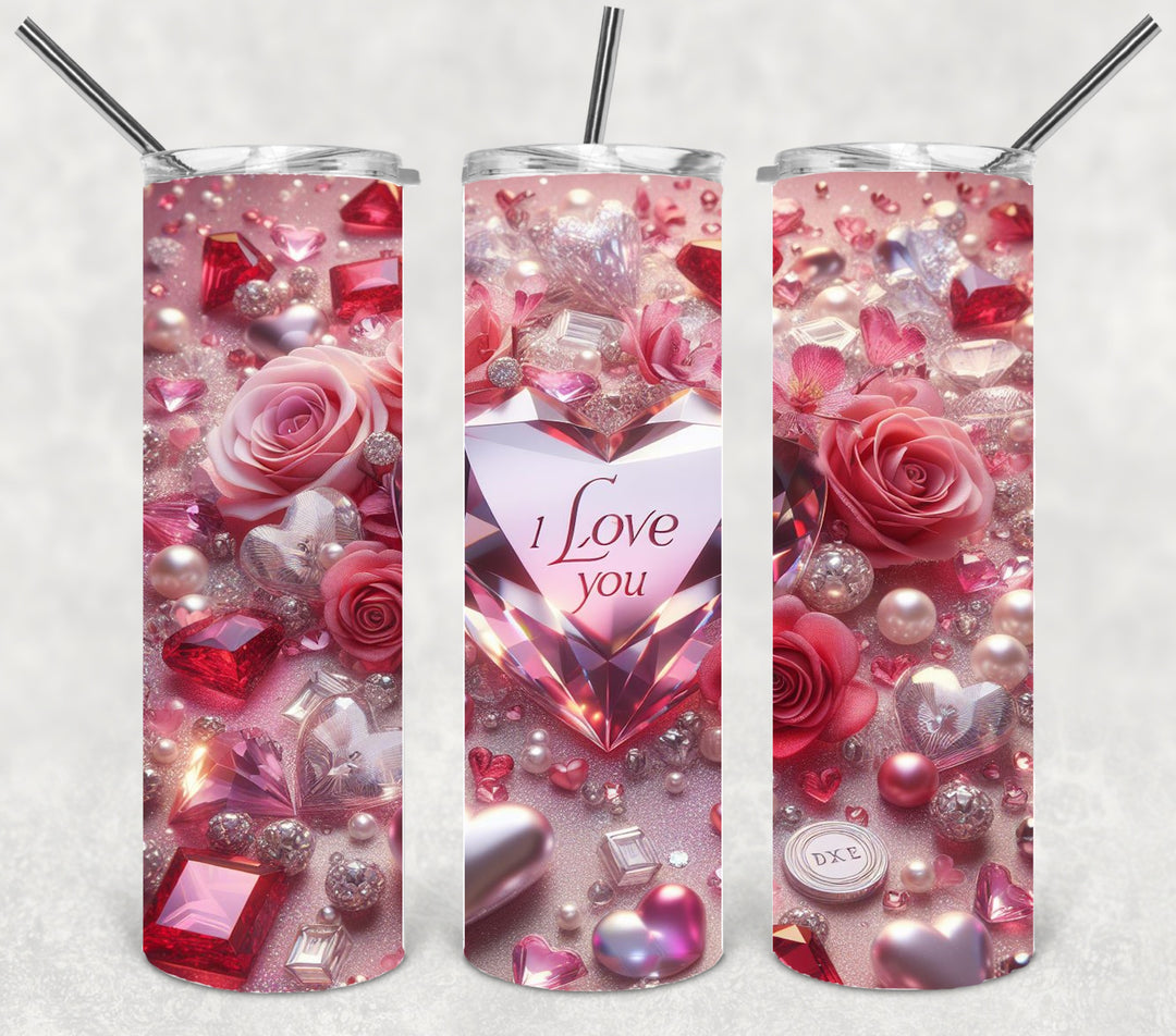 Valentine's Tumbler, 3D Bling Heart Rose Tumbler, Love Tumbler, 20 oz Tumbler