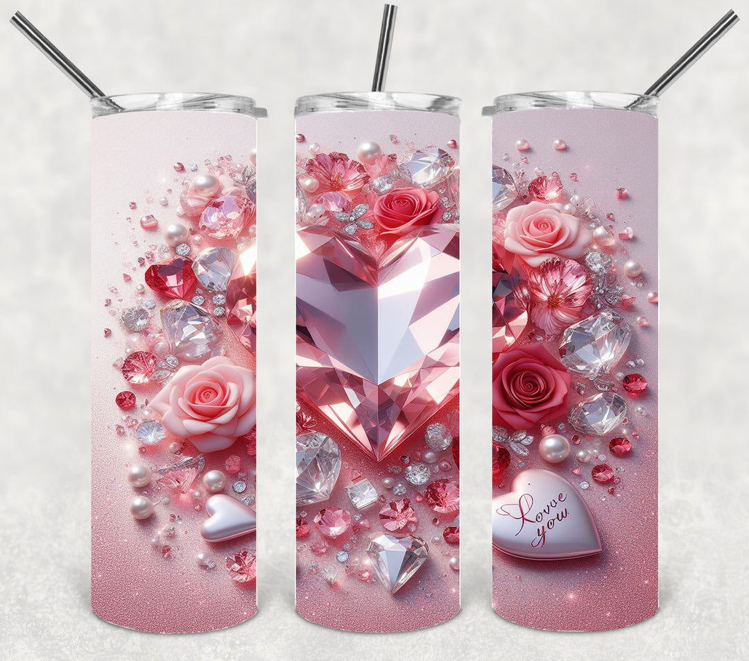 Valentine's Tumbler, 3D Bling Heart Rose Tumbler, Love Tumbler, 20 oz Tumbler