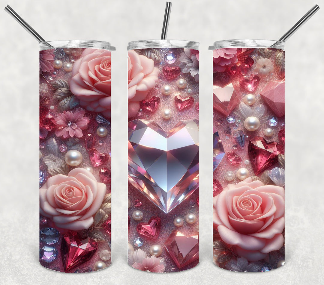 Valentine's Tumbler, 3D Bling Heart Rose Tumbler, Love Tumbler, 20 oz Tumbler