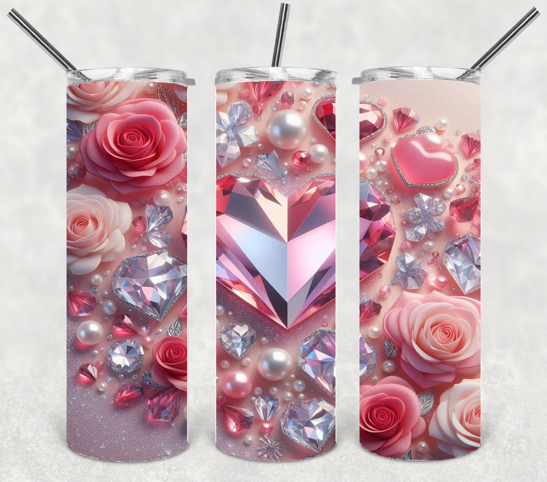 Valentine's Tumbler, Bling Heart Rose Tumbler, Love Tumbler, 20 oz Tumbler