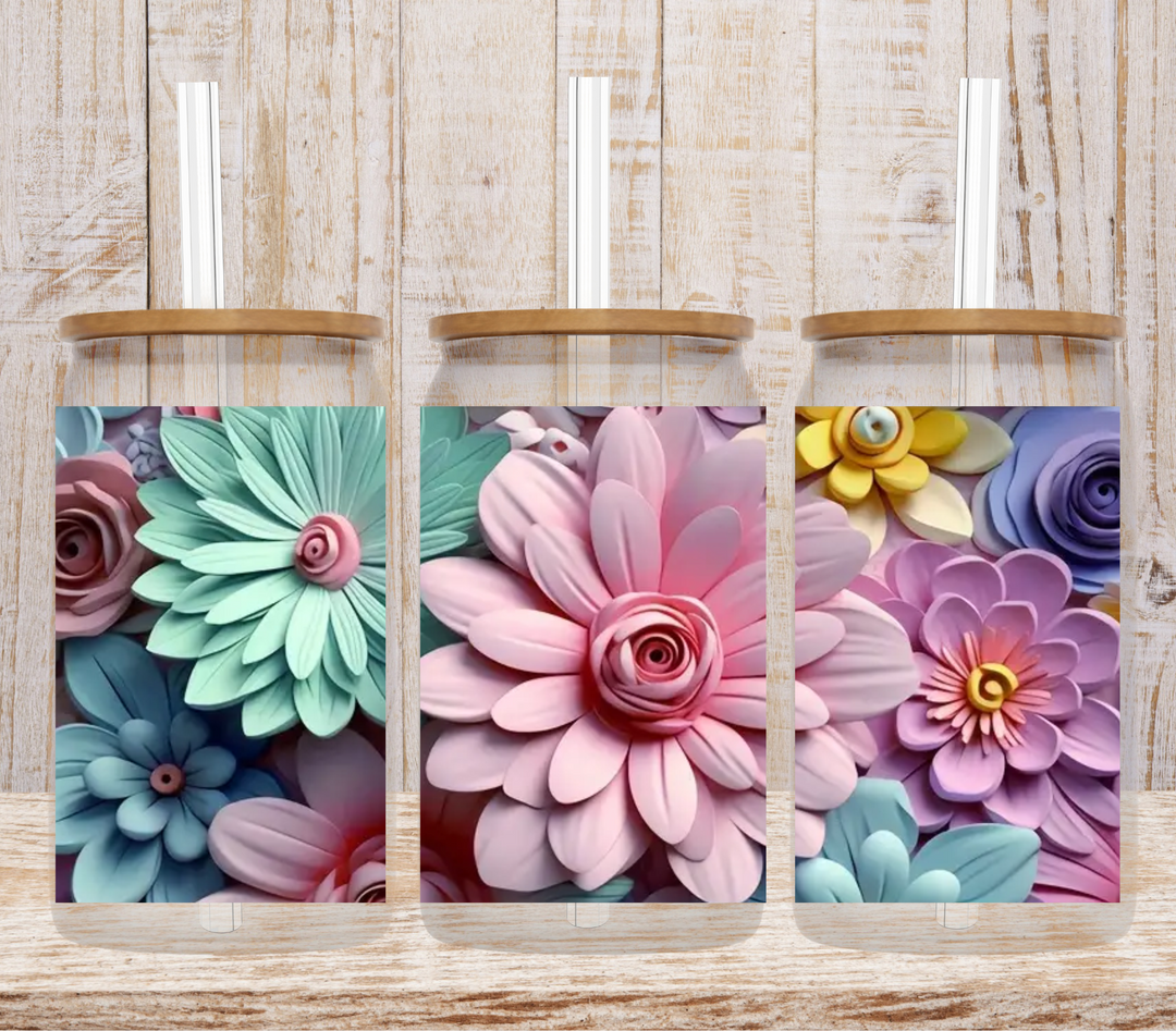 Vibrant 3D Spring Flowers Glass Tumbler, 16oz Glass Can Cup With lid and Straw, Iced Coffee Glass Mug, Beer Glass Can