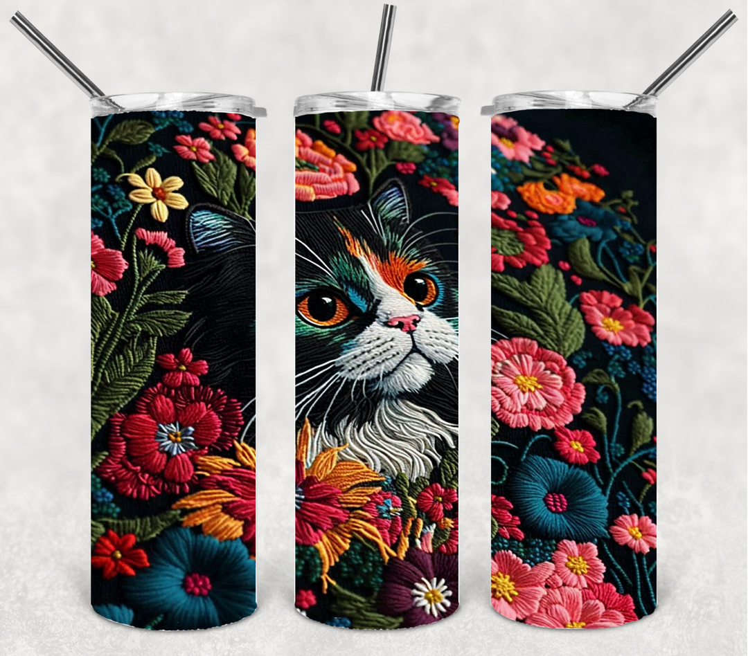 Cat Embroidery Tumbler, Black and White Cat Tumbler