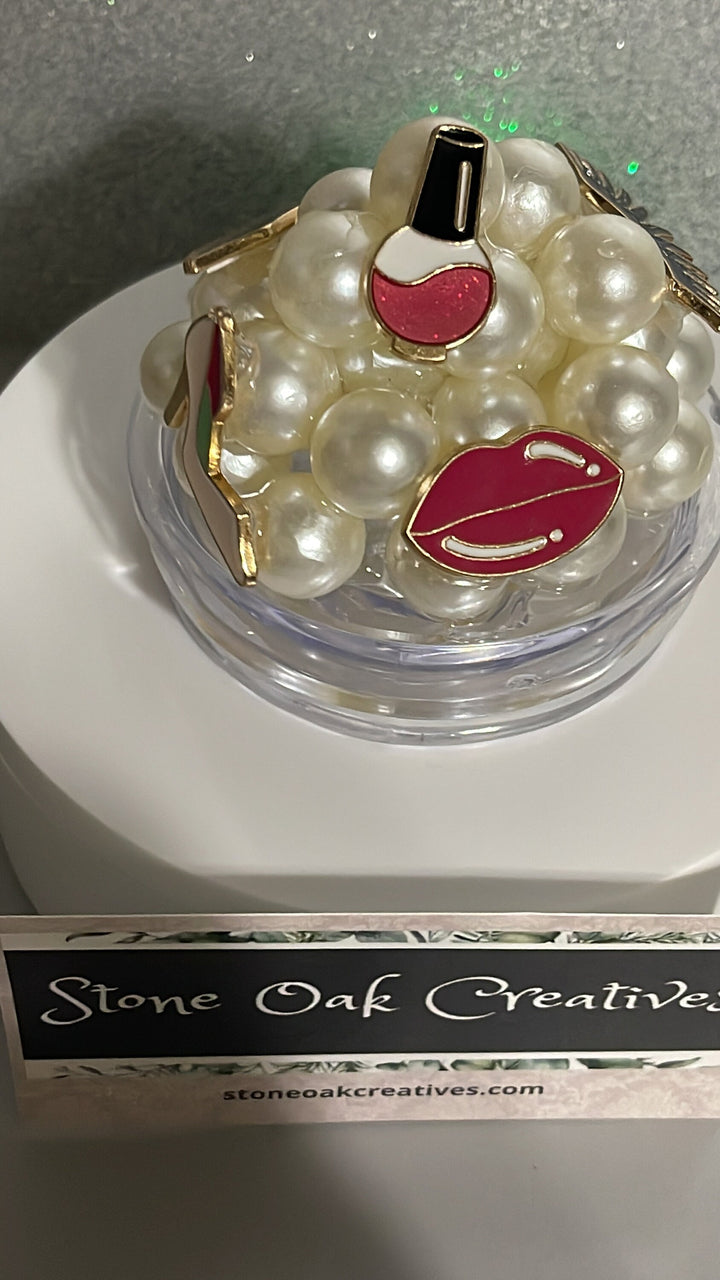 Make-up Cosmetics Diva Princess Pearl Bling Tumbler Topper 3D Decorative 20 oz Lid