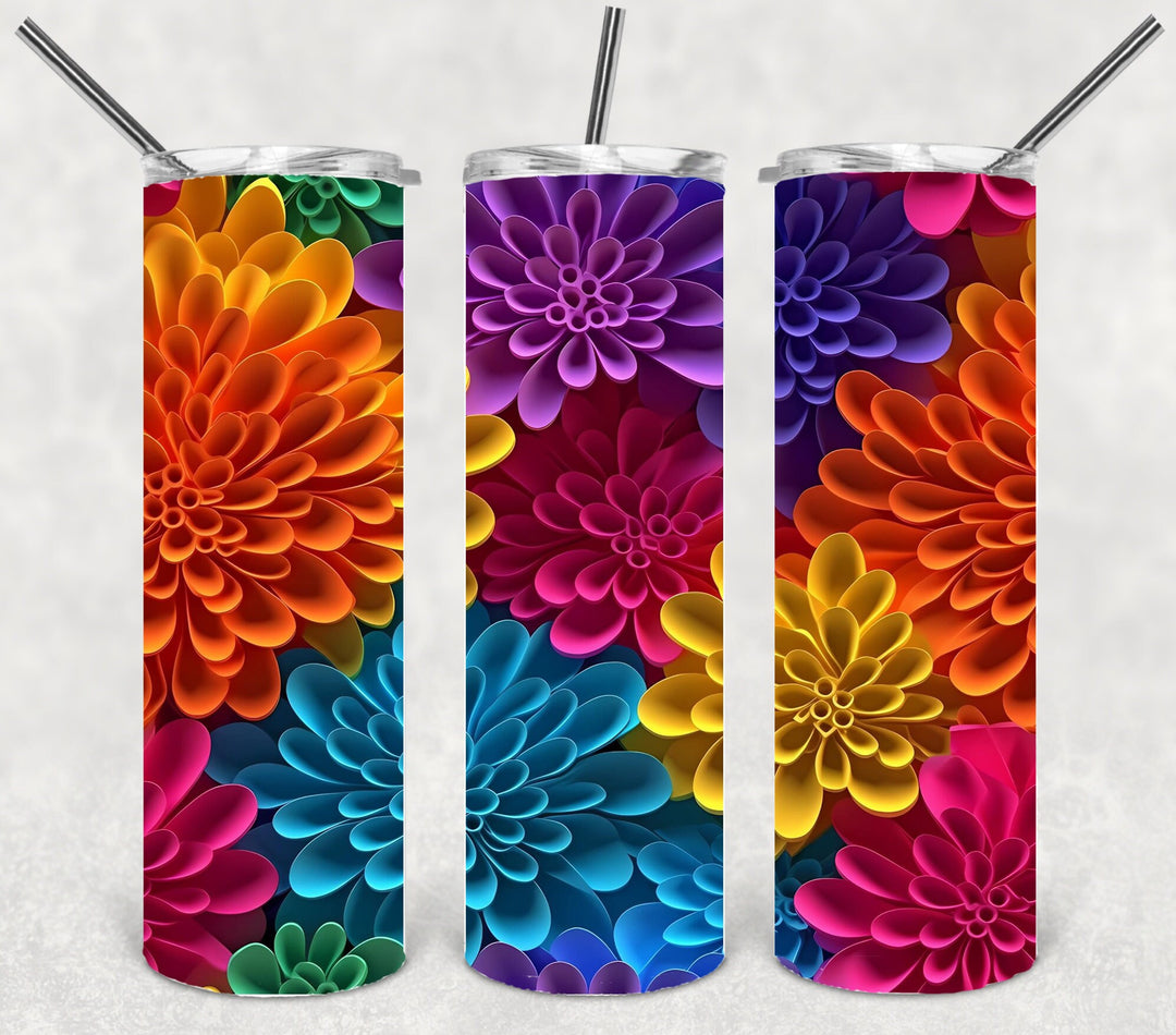 Vibrant Flowers, Bright Flower Tumbler, 3D Flowers, 3D Flower Tumbler, 20 oz Skinny Tumbler