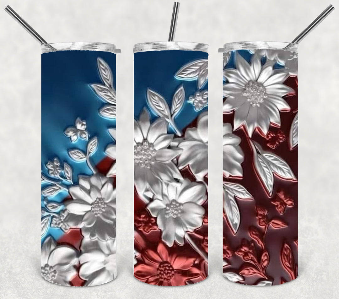 3D Red White Blue Flower Tumbler, 3D Flowers, 3D Flower Tumbler, 20 oz Skinny Tumbler, makes a great gift